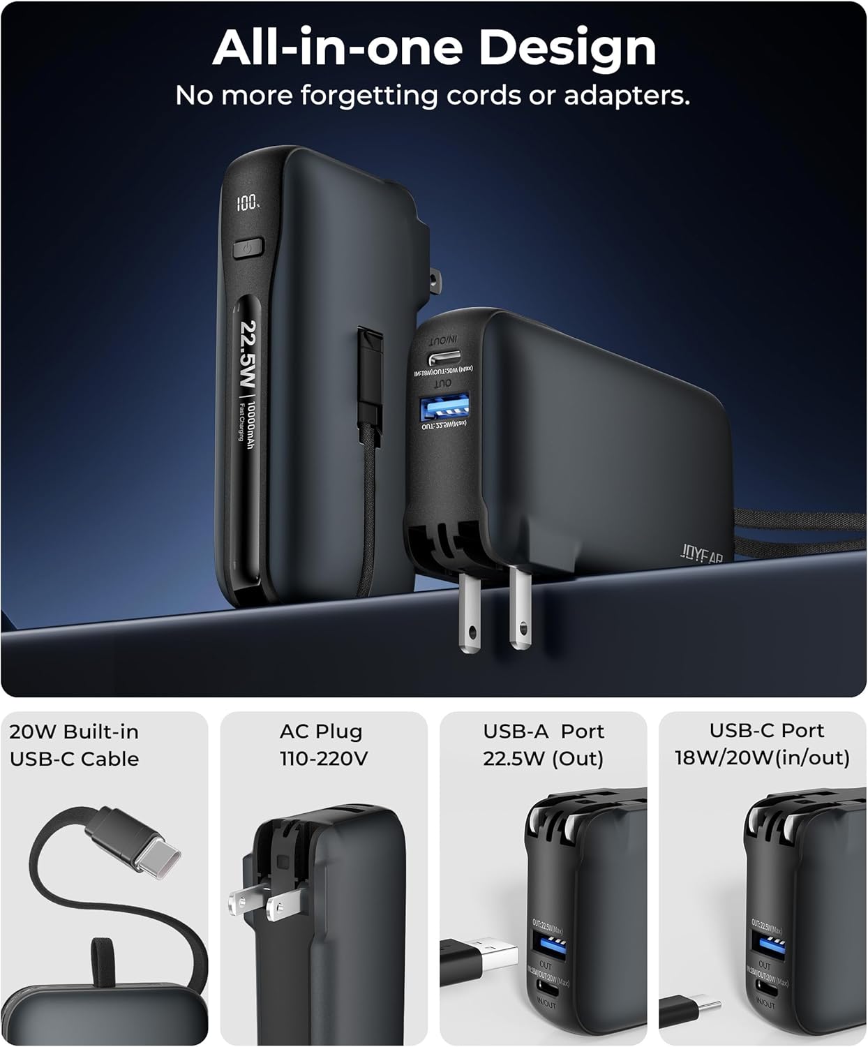 JOYFAR 10000mAh portable charger with built-in USB-C cable

JOYFAR fast charging power bank 22.5W for iPhone and Samsung

JOYFAR USB-C travel battery pack with foldable plug

JOYFAR compact power bank with LCD display and 3 outputs

JOYFAR universal USB-C power bank for iPhone 16 and Galaxy S23

JOYFAR pocket-size portable charger for travel and flights

JOYFAR certified safe power bank with temperature control

JOYFAR mini 10000mAh power bank with built-in cable and plug

JOYFAR USB-C and USB-A power bank 
